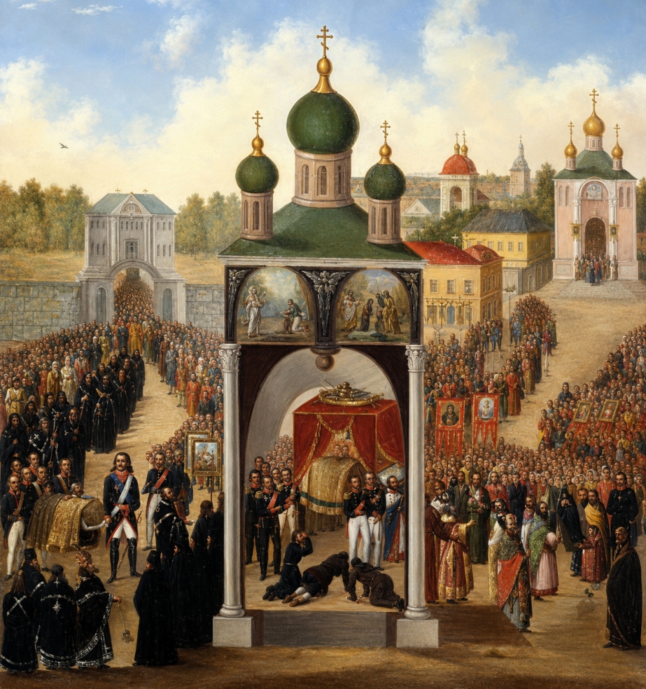 Похороны свт. Митрофана Воронежского и обретение его святых мощей. Слева изображен Петр Великий